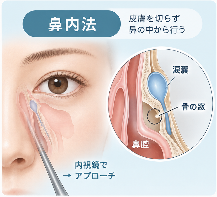 涙嚢鼻腔吻合術（DCR）｜なみだ目（流涙症）の治療法 - 皮膚を切らない
