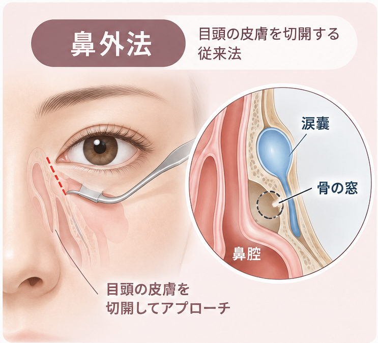 鼻外法:目頭の皮膚を切開してアプローチする従来法